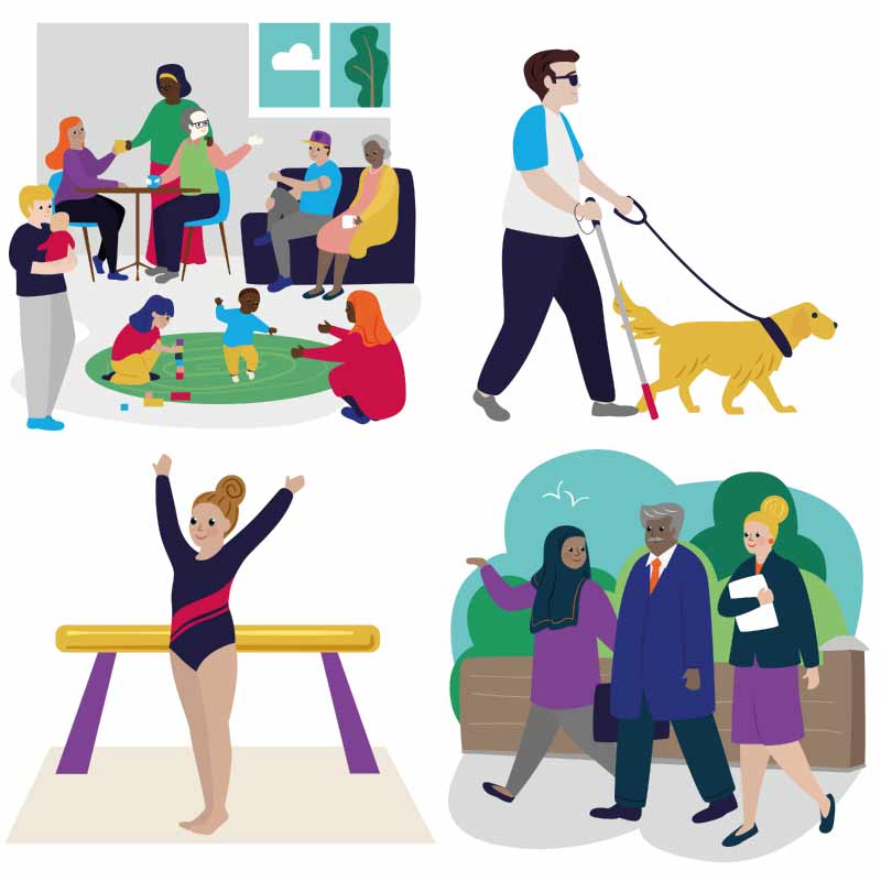 Active Essex Illustrations Community Guide Dog Gymnast Walking Meeting