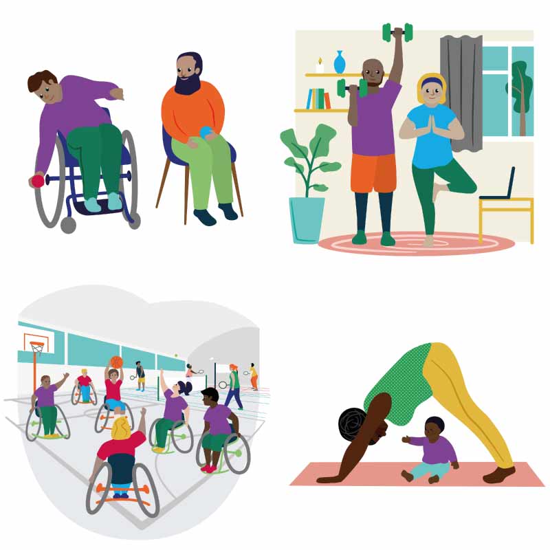 Active Essex Illustrations Boccia Workout Wheelchair Basketball Baby Yoga